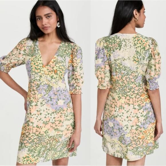 Rails Roma Gardenia Floral Puff Sleeve Yellow Green Dress size XL V-neck Mini - Picture 2 of 10